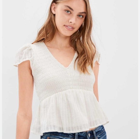 NWT American Eagle Smocked V Neck Babydoll Peplum Blouse Top Small - Picture 1 of 7
